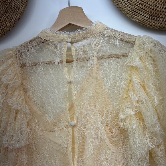 Free People Cream Sheer Lace Overlay Lined Short Sleeve Blouse Small Feminine - Picture 8 of 11